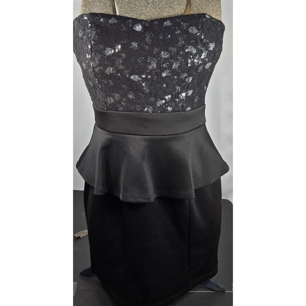 Trixxi Size 9 Strapless‎ Dress Black Sequin Lace Peplum Party Cocktail Mini
